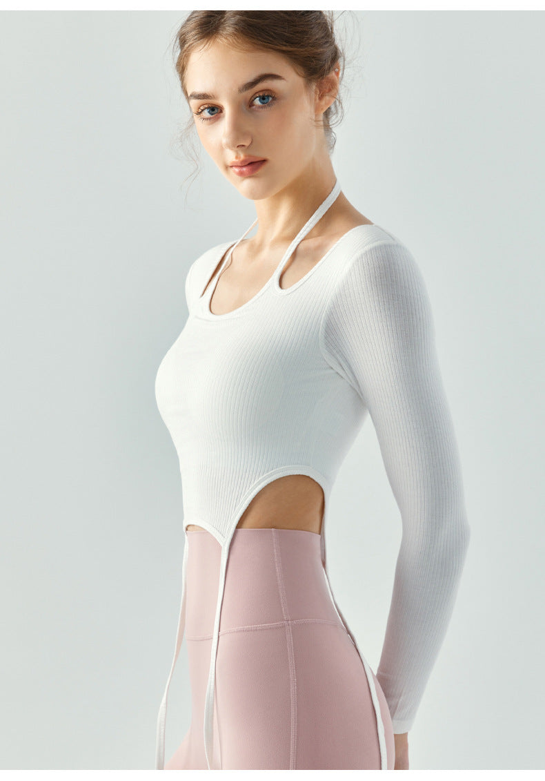 2023.08 Autumn and winter thin ribbed belt hanging neck fitness top women's semi-fixed water drop cup side waist hollow out slim slim yoga clothing long sleeves