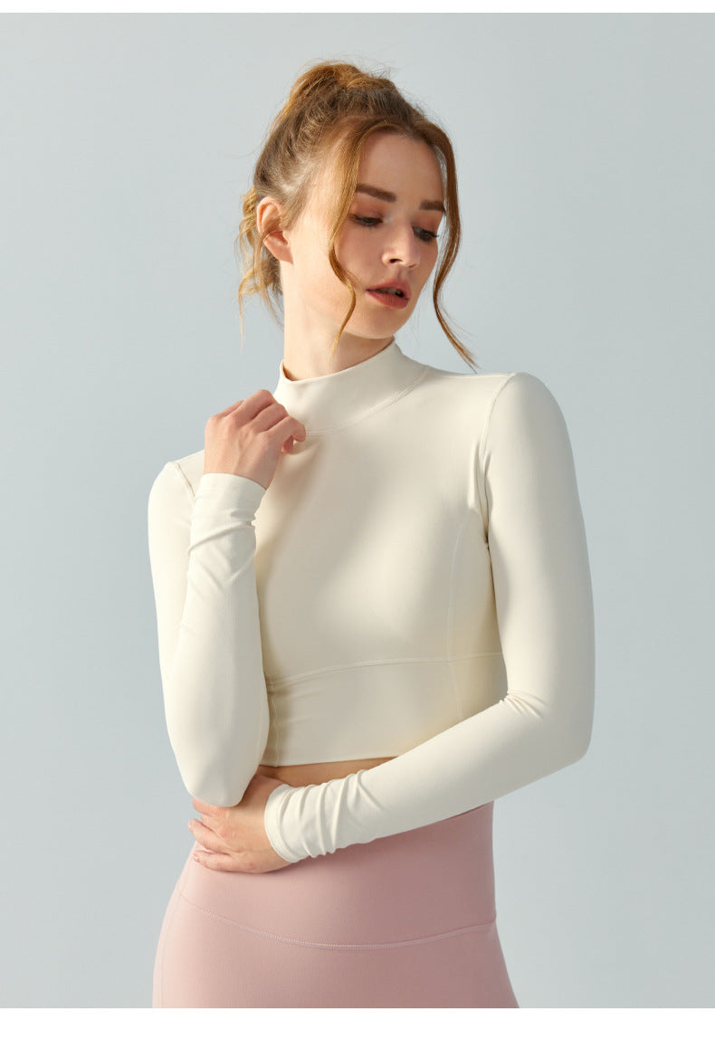 2023.09 Stand collar autumn and winter yoga wear long sleeve female water drop half fixed cup hollow-out back running sports tight fitness top