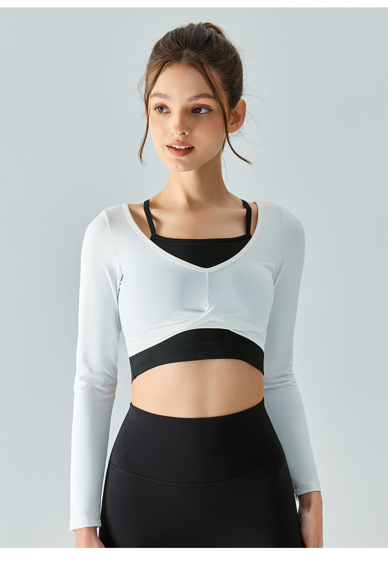 2023 New hanging neck fake two-piece yoga long-sleeved semi-fixed cup front chest cross pleated slim yoga top fitness clothes