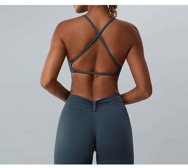 2023.08 Square collar lulu yoga vest women's thin belt cross back sports underwear running fitness wear top