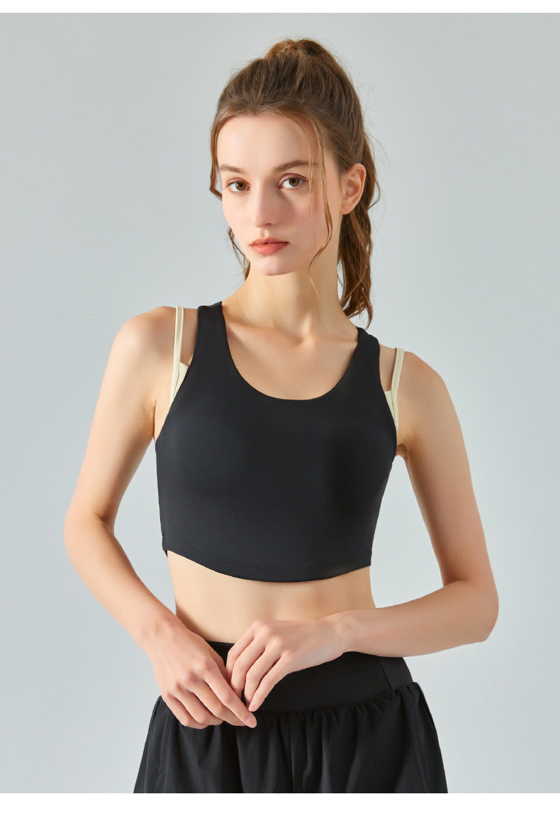 Fake Two-piece Yoga Vest Naked Contrasting Color Double Shoulder Straps Semi-Fixed One Cup Tight Sports Underwear