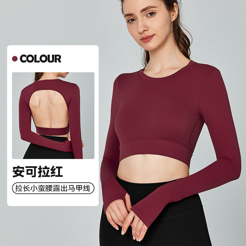 08/2024  New autumn and winter long-sleeved yoga clothes for women with water drop semi-fixed cup running fitness tight sports tops