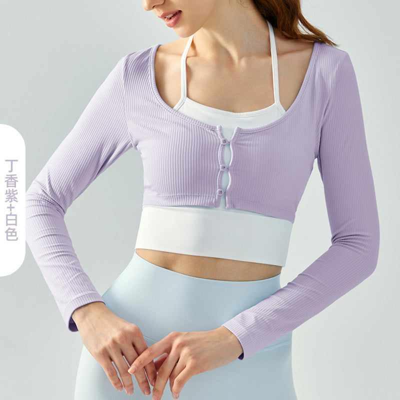 08/2024 update new Color-blocking hanging neck fake two-piece yoga clothing long-sleeved 23.07 women's semi-fixed cup chest button autumn and winter sports fitness clothing top