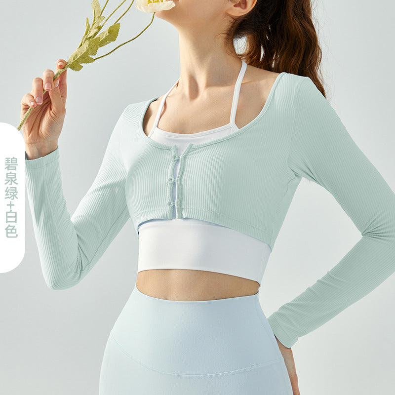 08/2024 update new Color-blocking hanging neck fake two-piece yoga clothing long-sleeved 23.07 women's semi-fixed cup chest button autumn and winter sports fitness clothing top