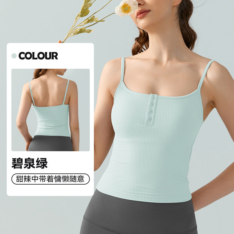 01/2024 Sexy square neck thin shoulder strap yoga vest with chest pad women wear beautiful back all matching slimming Pilates fitness top